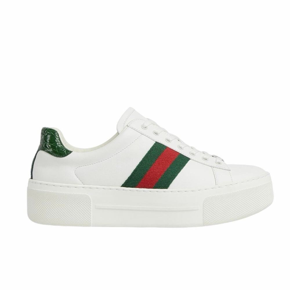 Gucci NWT Ace Platform Web Mixed Leather Sneakers in White/Green Size 39.5